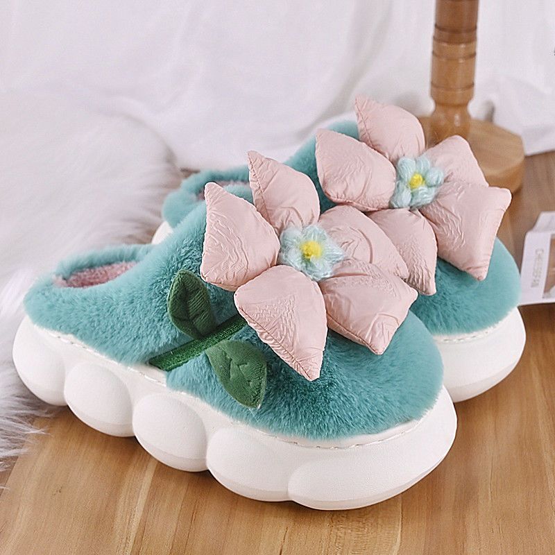 Flower Cotton Slippers With Plush Insulation And Thick Bottom Plush