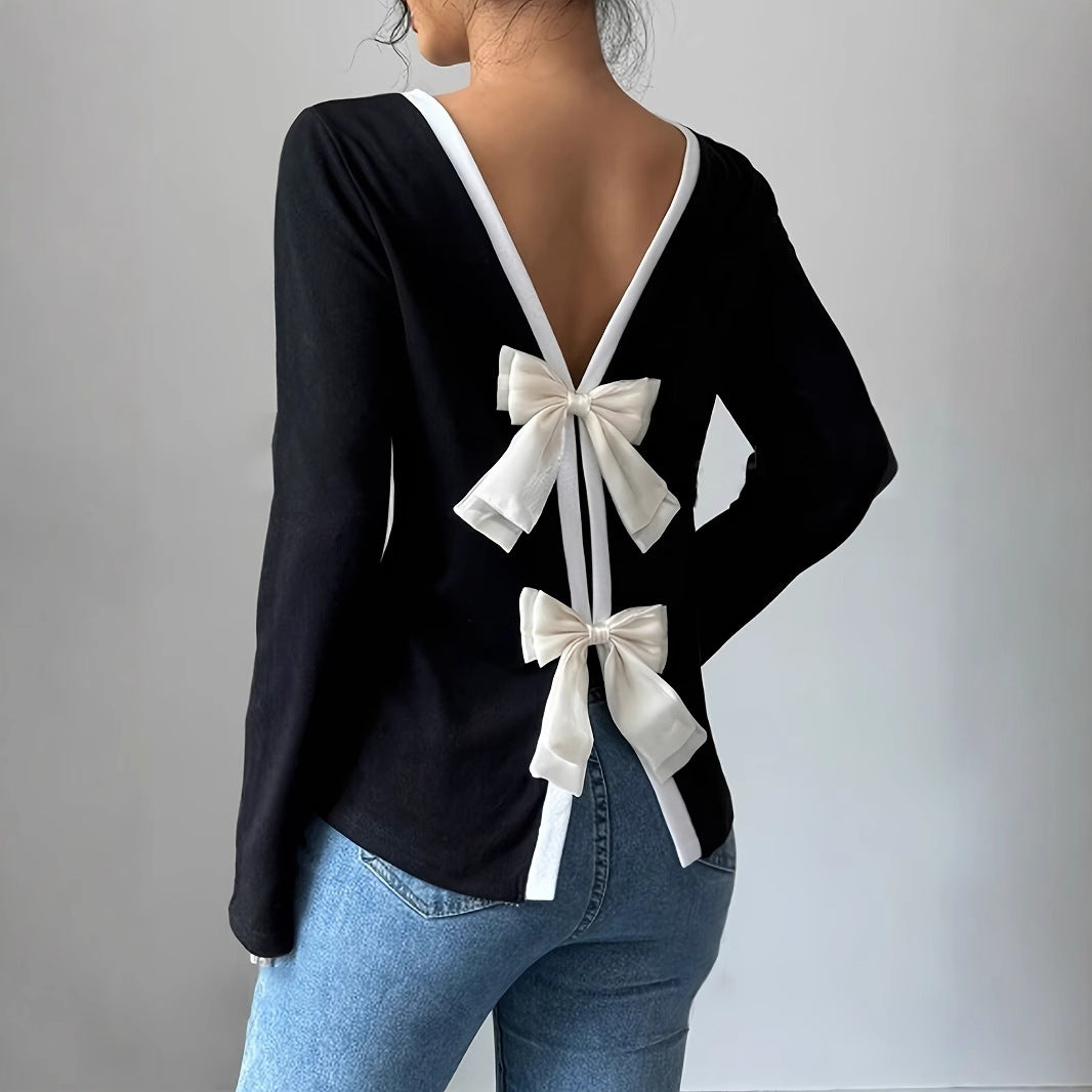 Trendy T-shirt med rund hals, to dele, Illusionknit, lange ærmer, baselayer-top, crew neck design til kvinder
