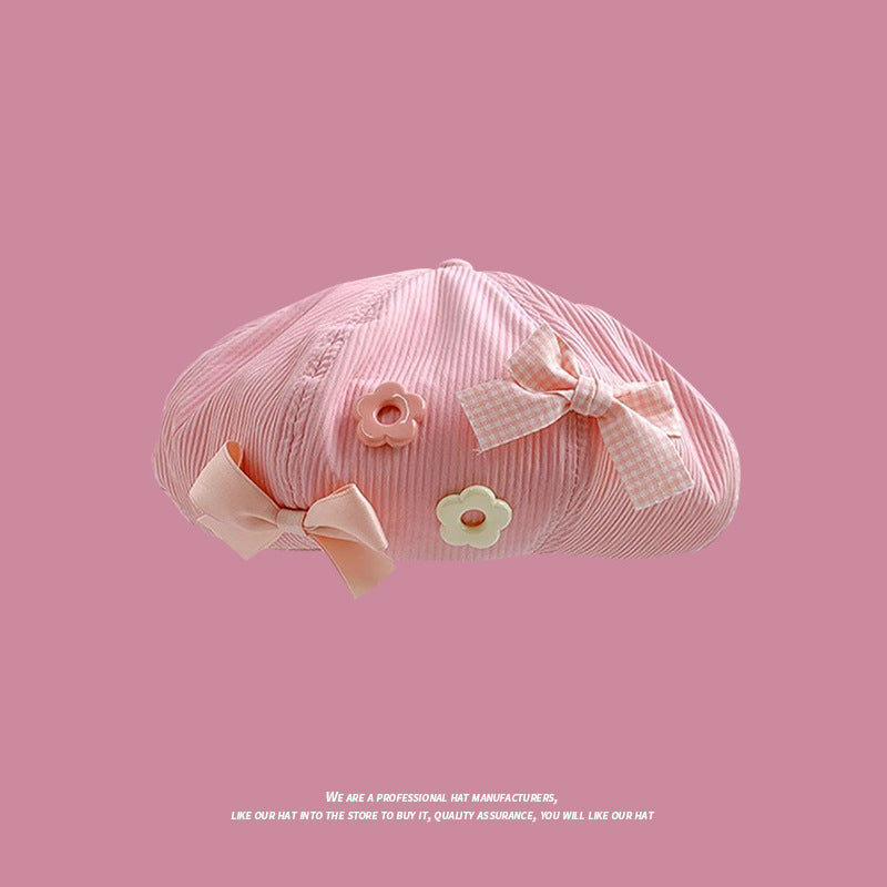 Bow Beret Female Sweet Cute Face Little Wild Clouds Octagonal Cap