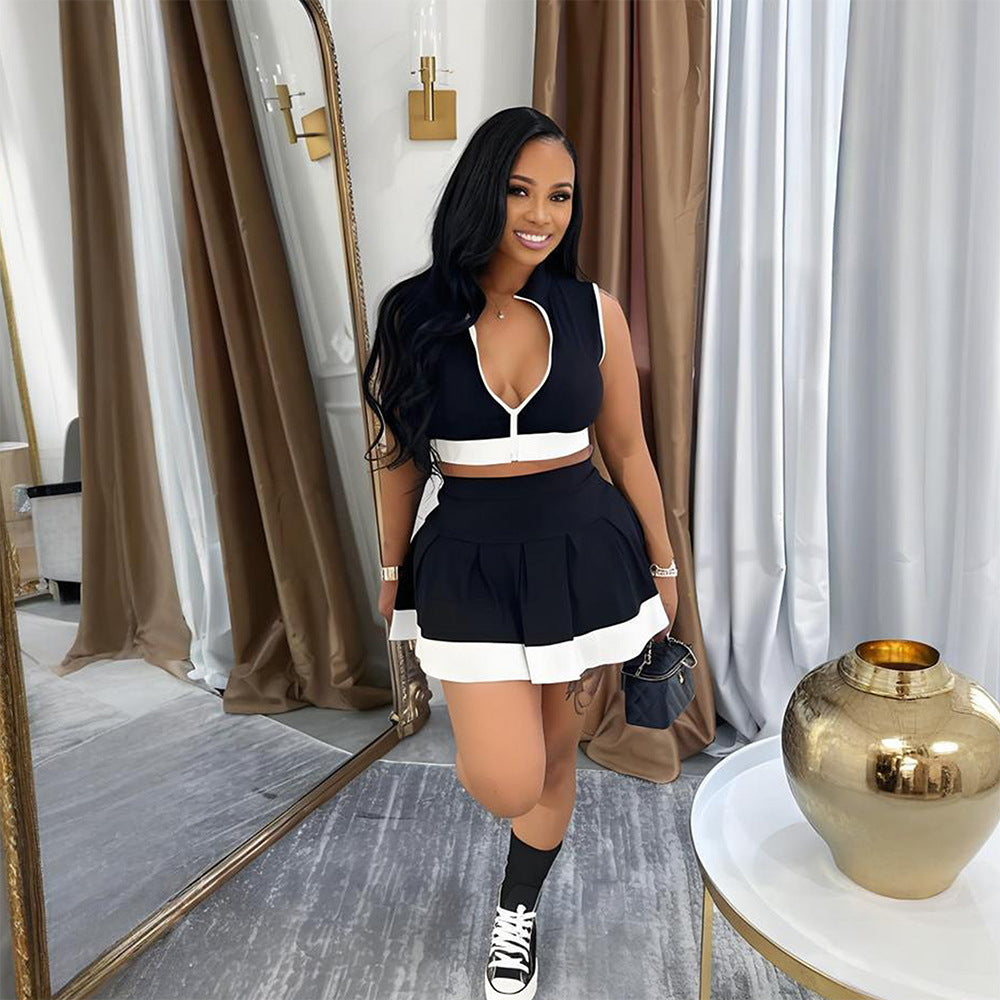 European And American New Sleeveless Zipper Top With Skirt Outfit
