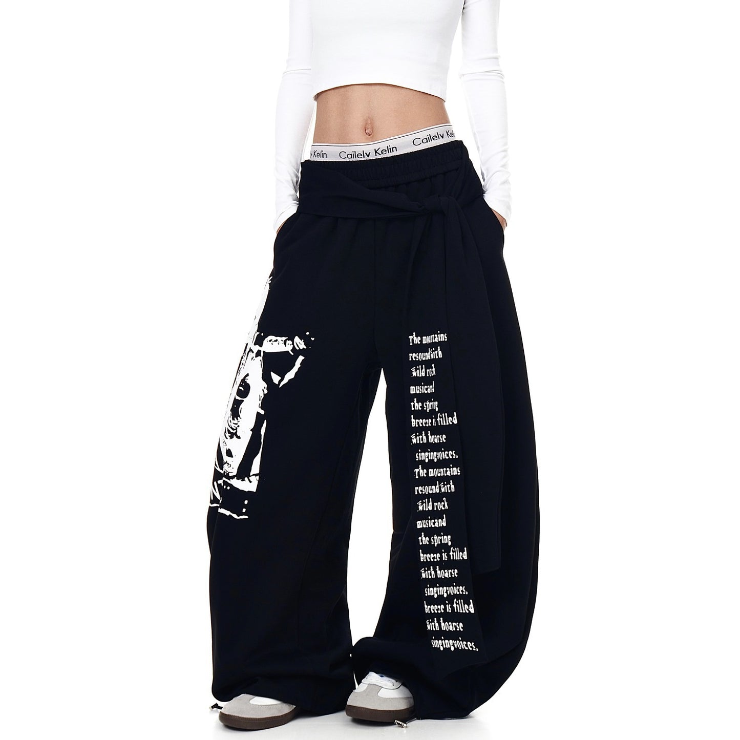American Retro Alphabet Printed Lace Up Bandage Dress Machete Sweatpants