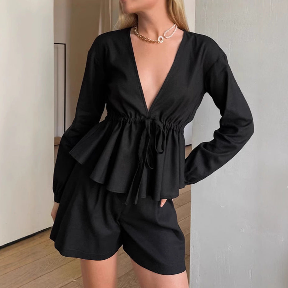Black Cotton And Linen Suit Foreign Trade Loose Long Sleeve Top