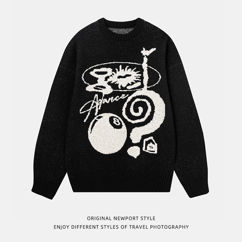 Plush American Hand Drawn Brocade Sweater Men's Autumn Winter Retro Loose