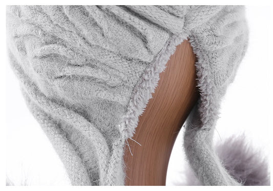 Winter Warm Ear Protection Three Hair Ball Pleated Rabbit Fur Hood