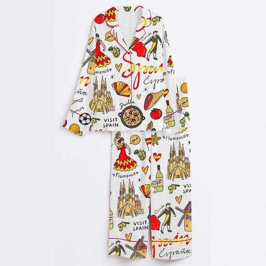Fashionable Long-sleeve Printed Lapel Loungewear Pajamas