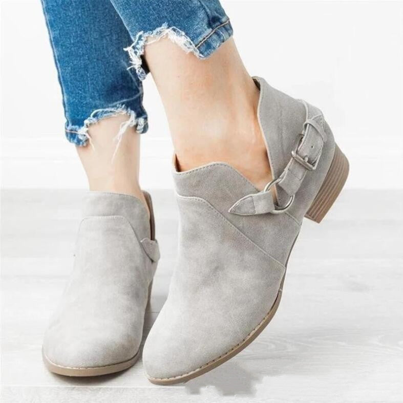 Ladies' Leather Boots With Low Tube Belt Buckle