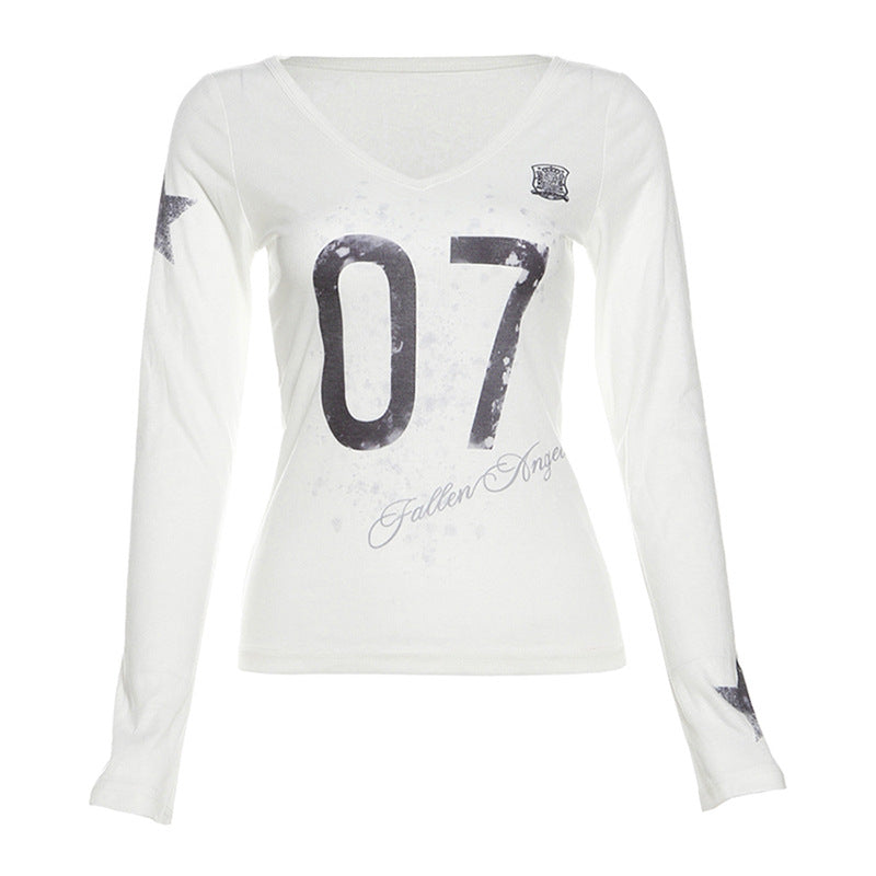 Girl-group-style Color-block Letter-print V-neck Long-sleeve T-shirt