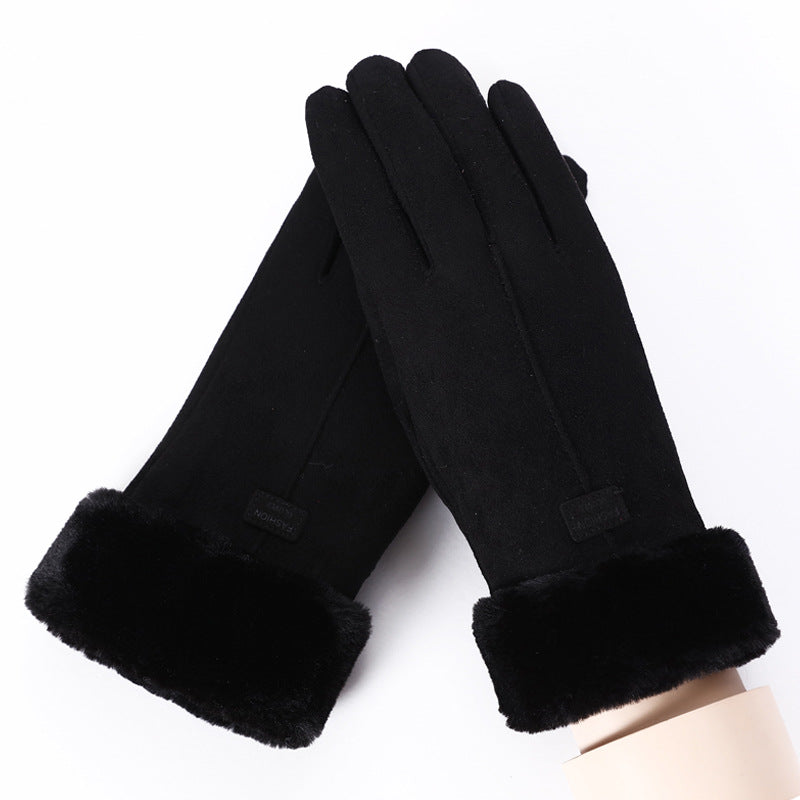 Suede warm gloves double layer plus velvet thick wind and cold riding touch screen gloves