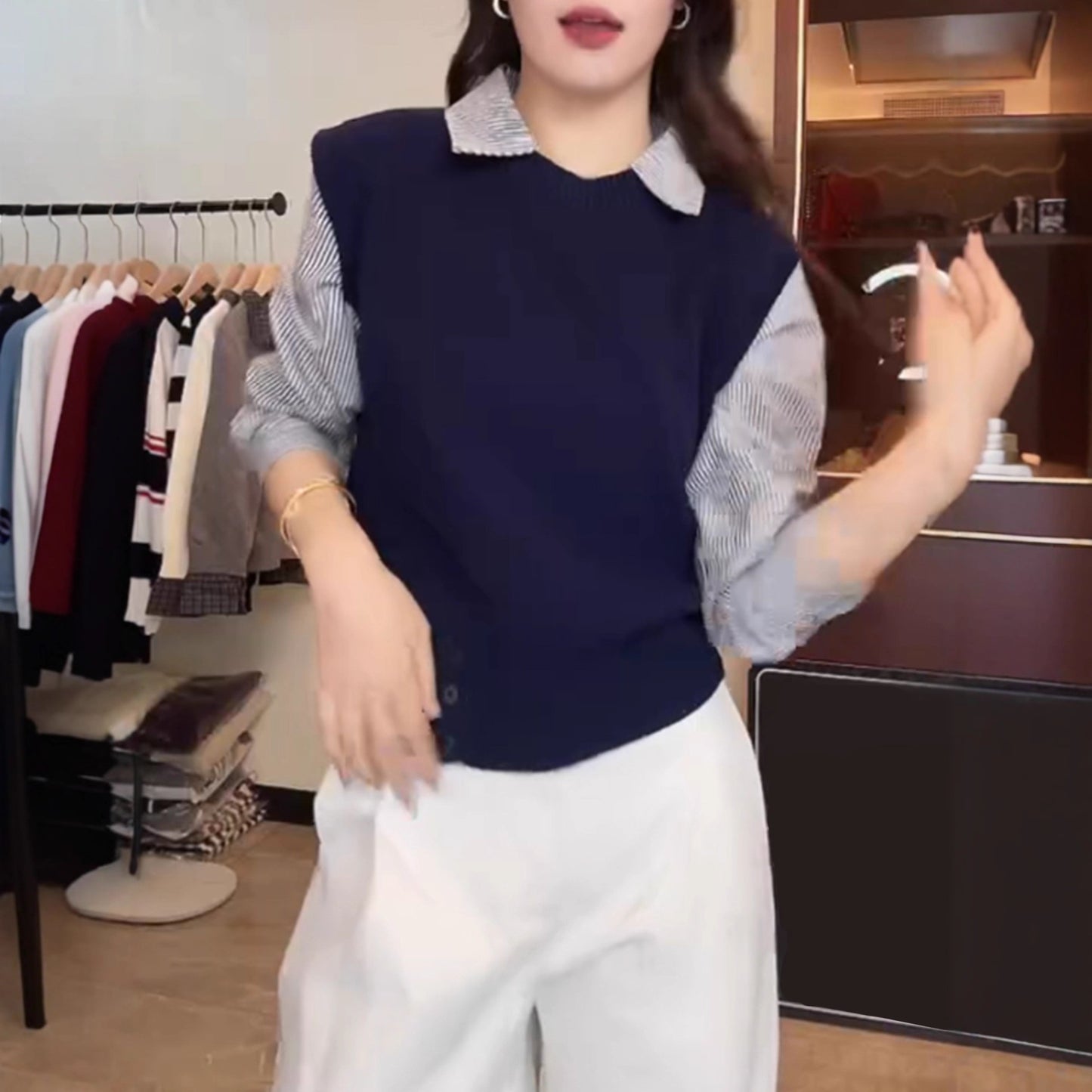 High-grade Fake Two-piece Striped Shirt Stitching Sweater For Women