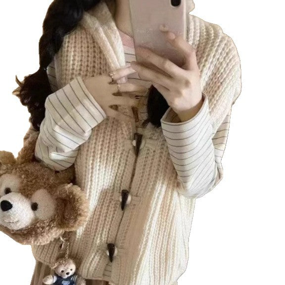 Solid Color Thick Needle Hooded Vest Knitted Cardigan