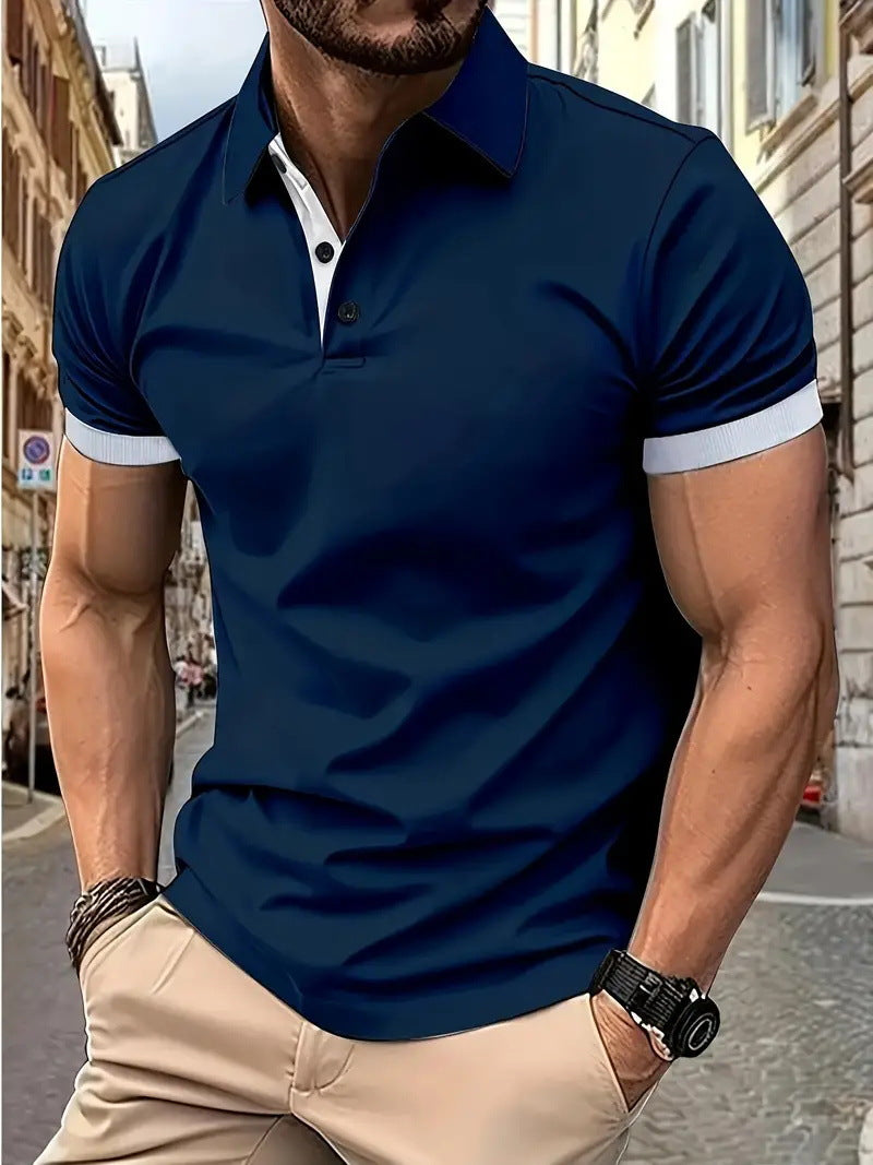 Solid Color Lapel Short Sleeve Polo Shirt Casual Loose Men 4D