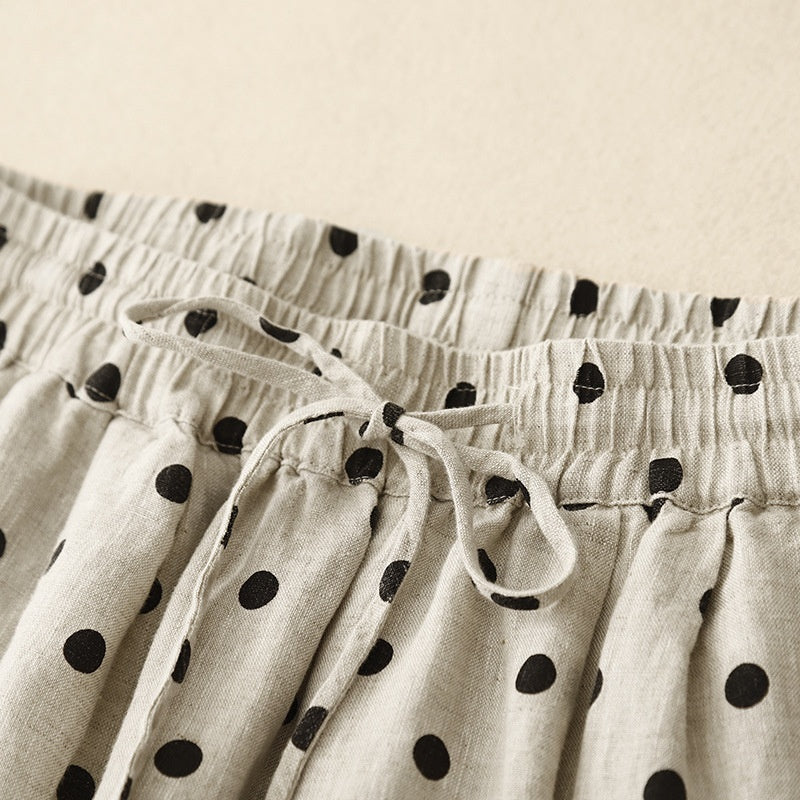 Cotton Hemp Polka Dots Tied Elastic Waist Harem Pants For Women