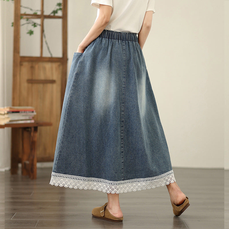Summer New Plus Size Loose Slimming Plump Girls Stitching Lace Denim Skirt
