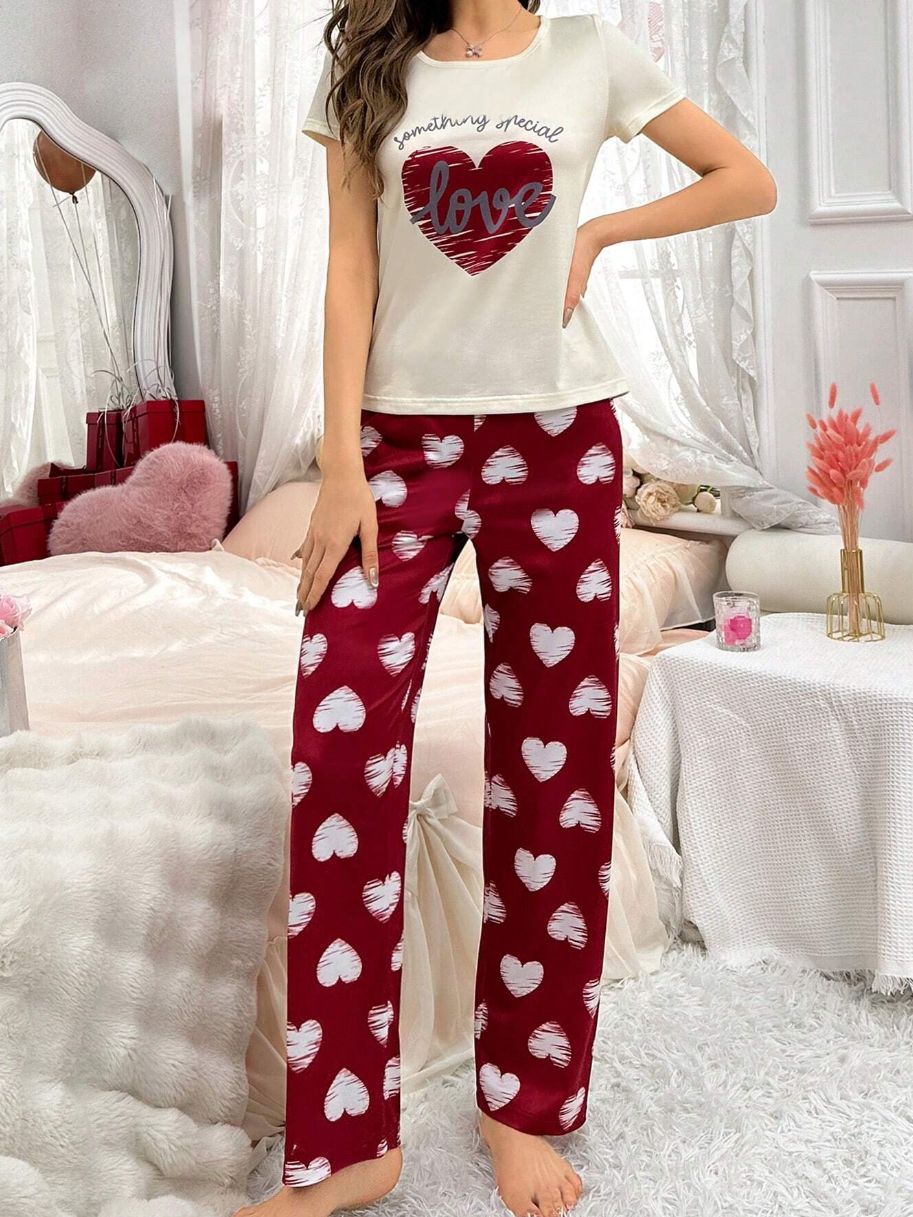 Home Round Neck Printed Short Sleeve T-shirt Top And Trousers Suit