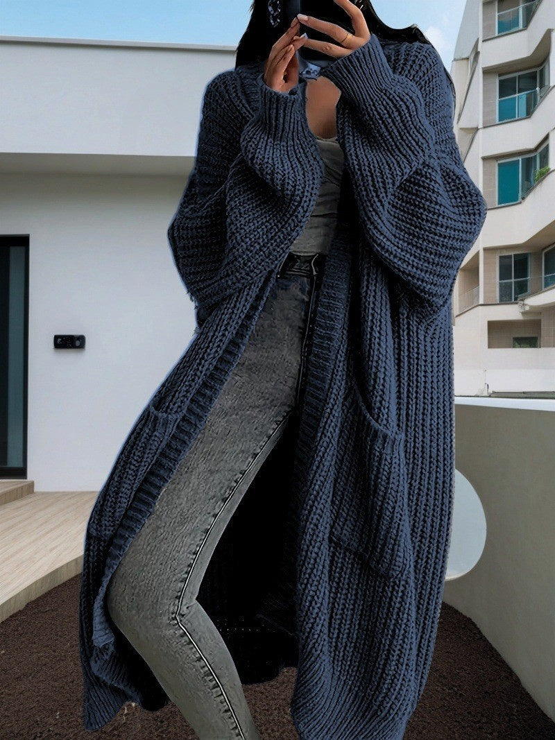 Knitted Long Cardigan With Pockets Fashion All-match Lantern-sleeved Coat