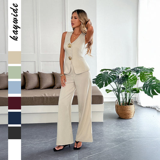 Simple-style Vest And Straight-leg Pants Womens Summer Two-piece Set