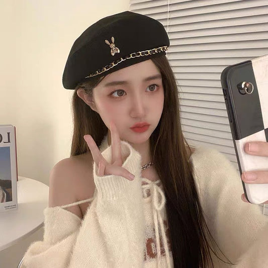 Autumn Winter Metal Chain Rabbit Female Beret