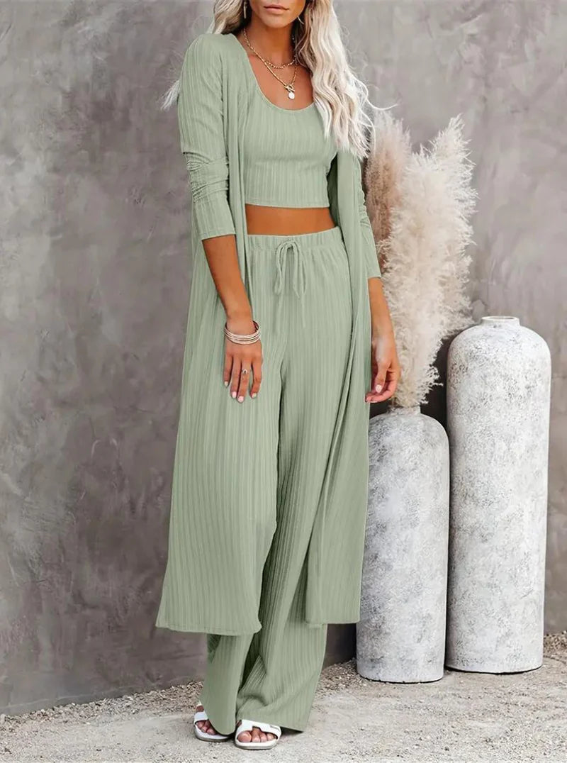 Plus Size Solid Color Cardigan Knitwear With Vest And Casual Pants Three-piece Set