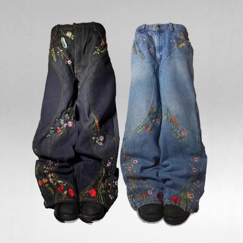 Stitching-design Floral-embroidered Jeans