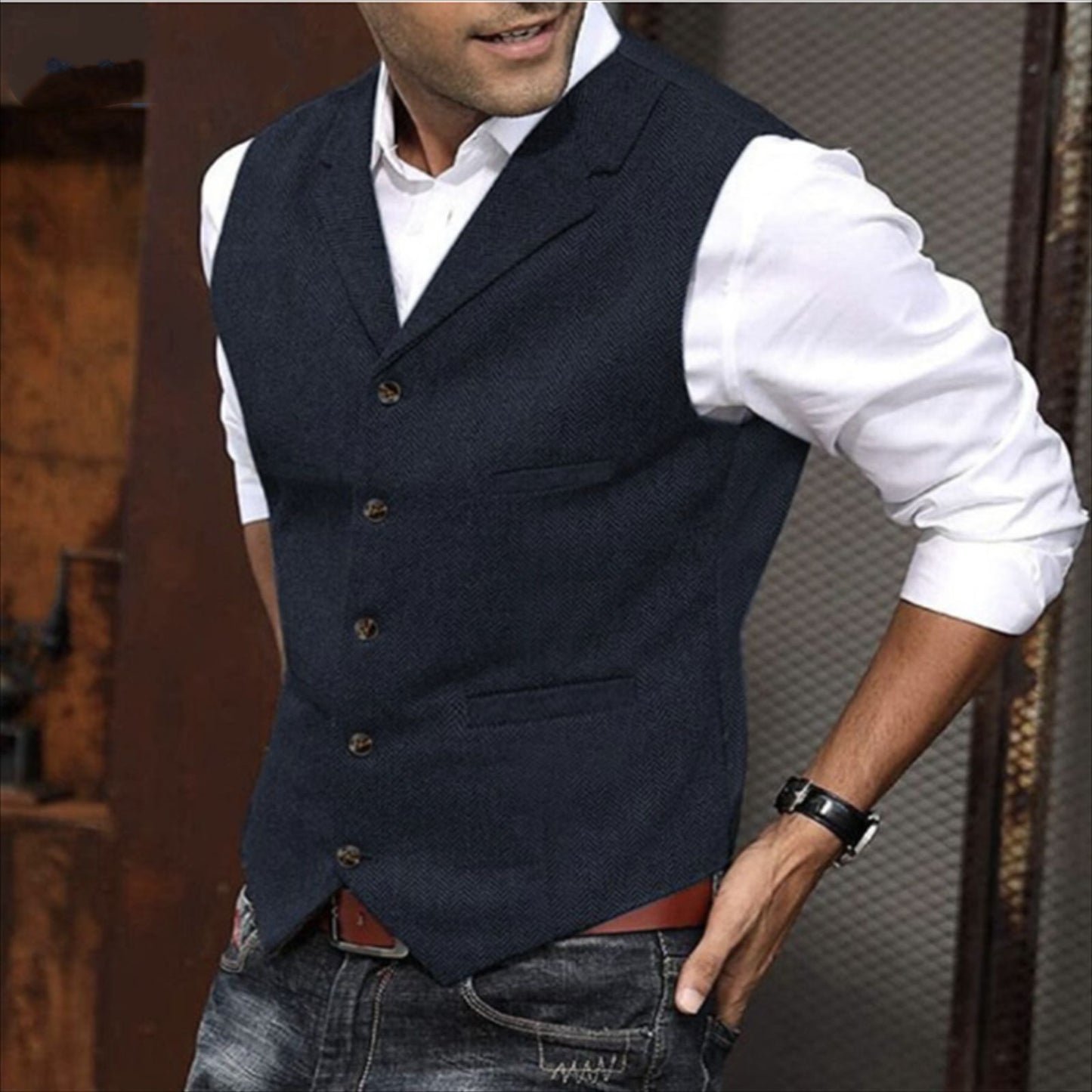 Herrevest Afslappet Ensfarvet Sildebensvest Slim Fit
