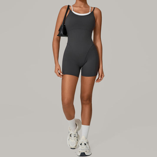 Autumn Sand Fake Two-piece Contrast Color Sling Sports Jumpsuit