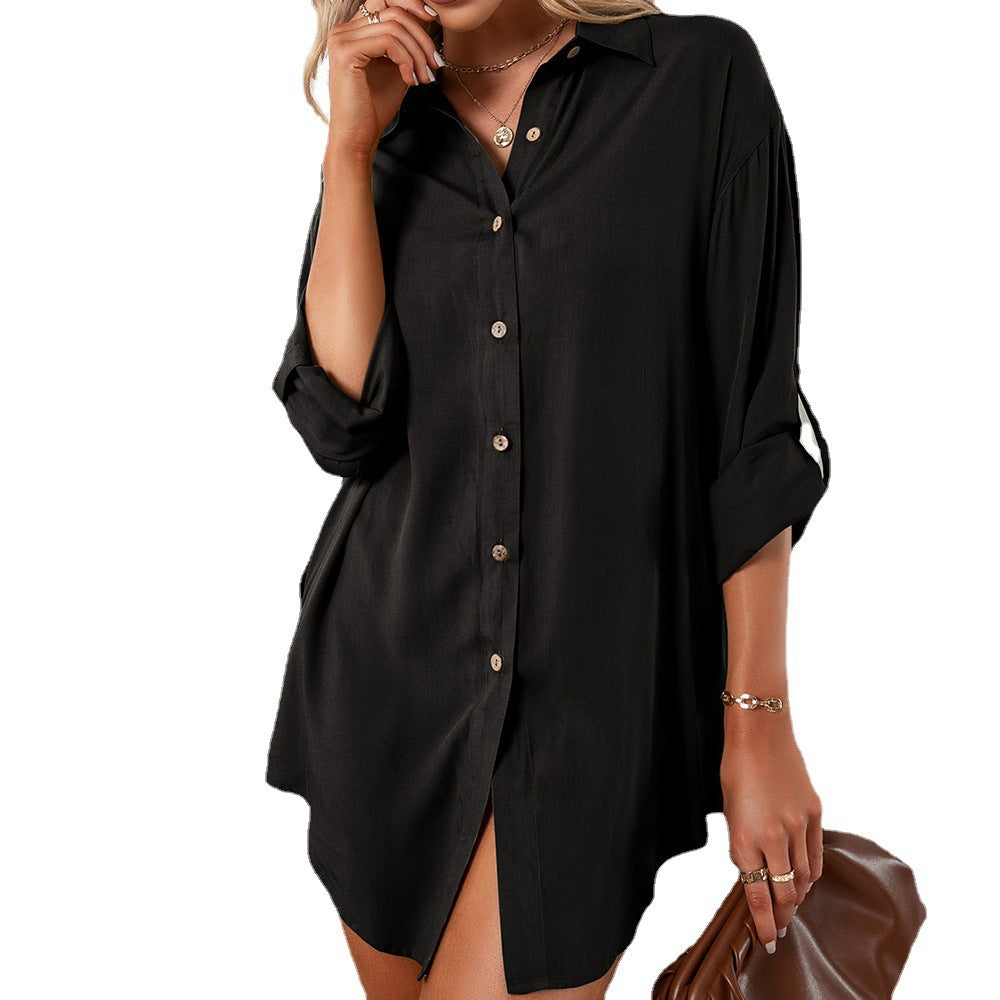 European And American Leisure Loose Single-breasted Shirt Dress Top For Women