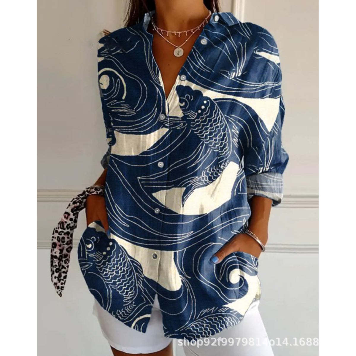 Womens Floral And Green Leaf-print Long-sleeve Blouse
