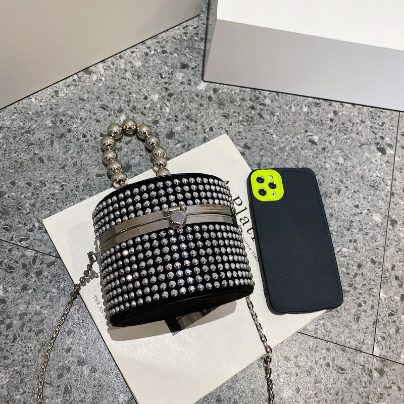 Fashion Rhinestone Personality Ins Chain Pearl Oblique Body Cylinder Bag Female