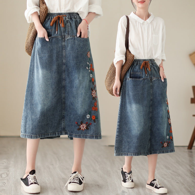 Vintage Embroidered Hole Denim Skirt Spring And Autumn New Style