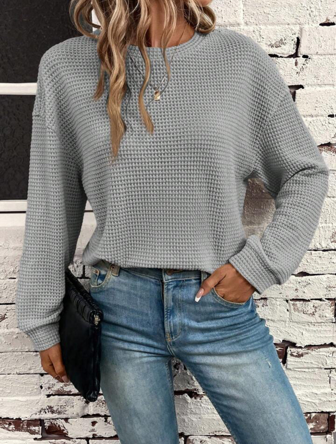 Dame Strikket Rundhals Langærmet Løs Pullover Top