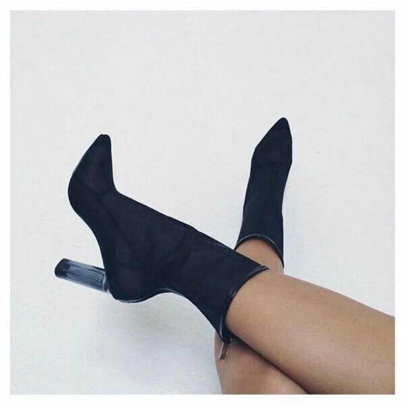 Women's Thick High-heeled Transparent Mesh Pointed Sandals