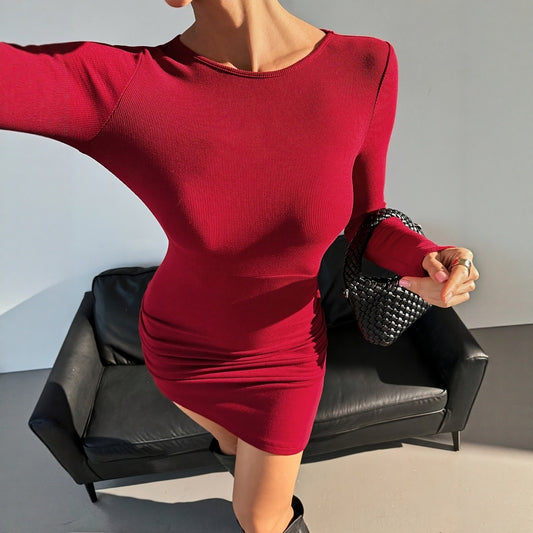 New Wine Ed Long Sleeve Drawstring Slim Fit Sheath Dress