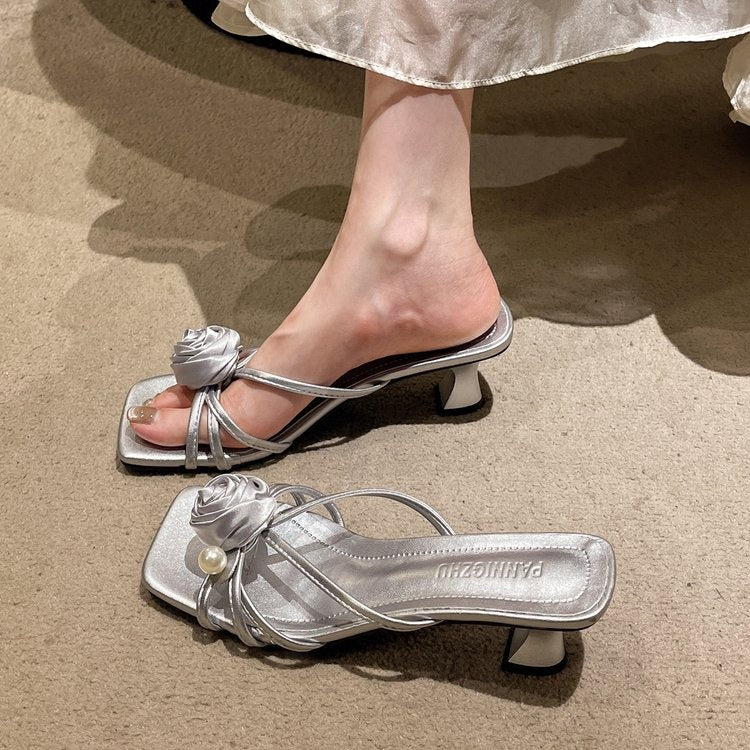 Summer New Arrival Women's Flower & Pearl Slide Sandals, Outdoor Wear, Block Heel, Open Toe, Square Toe Fashion High Heel Sandals, Wholesale