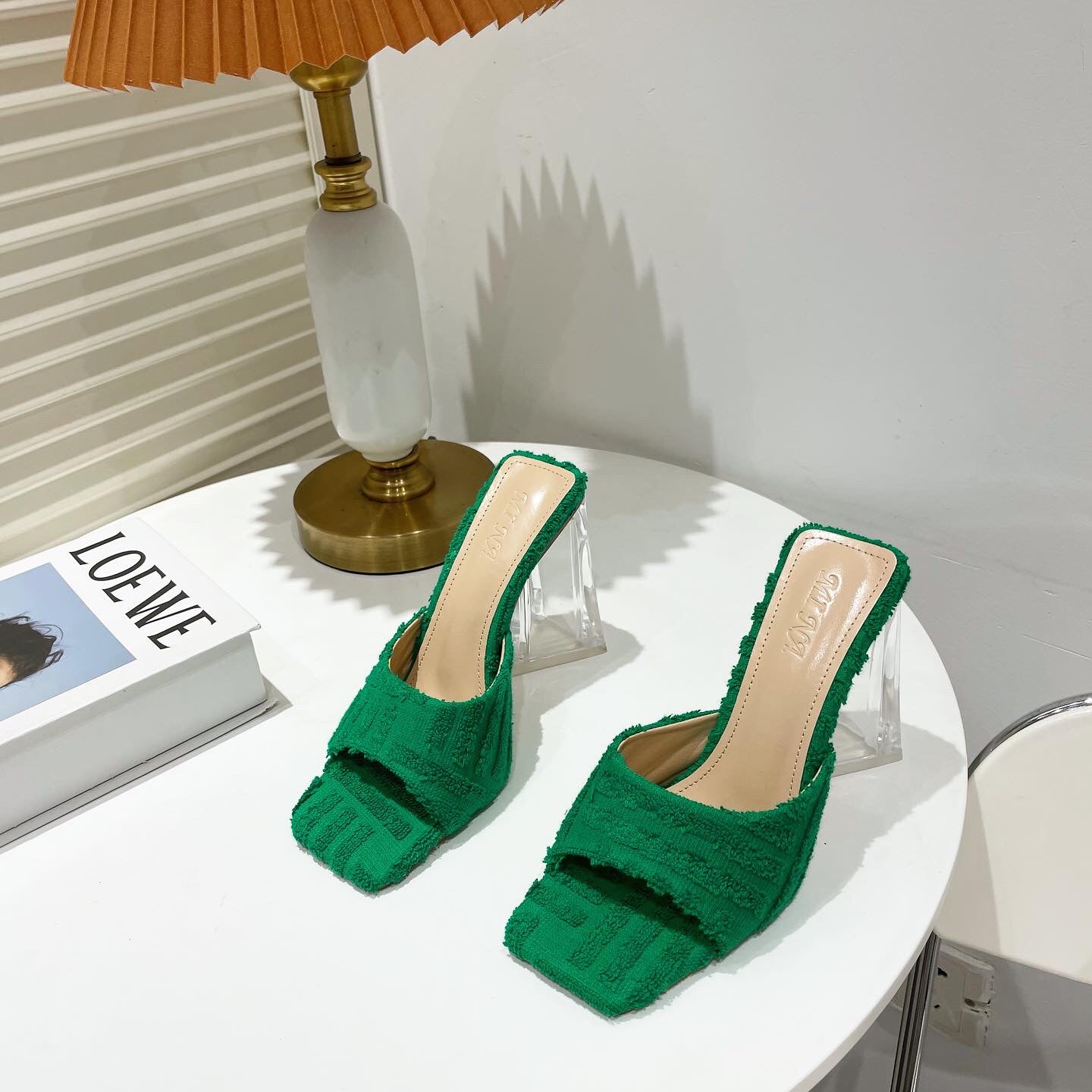 Towel Sandals And Slippers With Transparent Crystal Heel And Square Toe