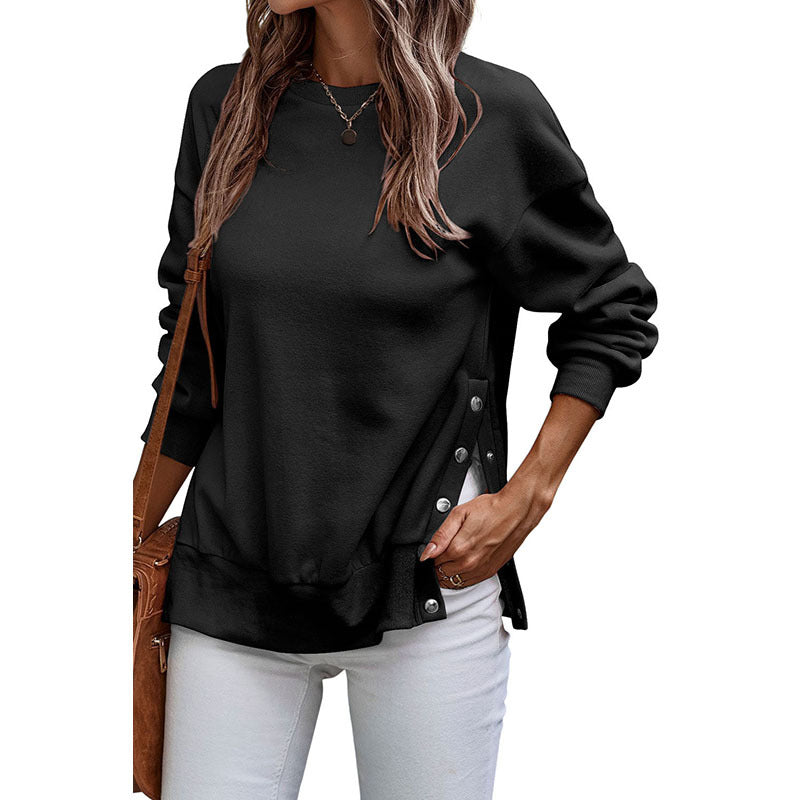 Solid Color Pullover Women's European And American Leisure Style Slit Loose Flab Hiding Long Sleeve Bathroom