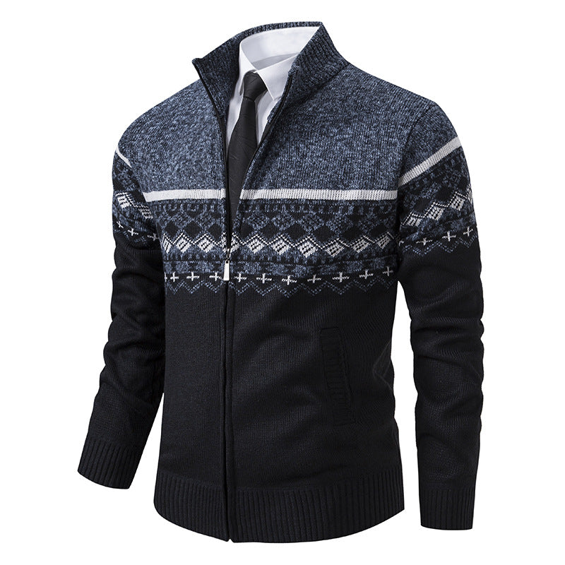 Men's Casual Stand-collar Sweater Coat With Fleece Lining And Color-blocking Design