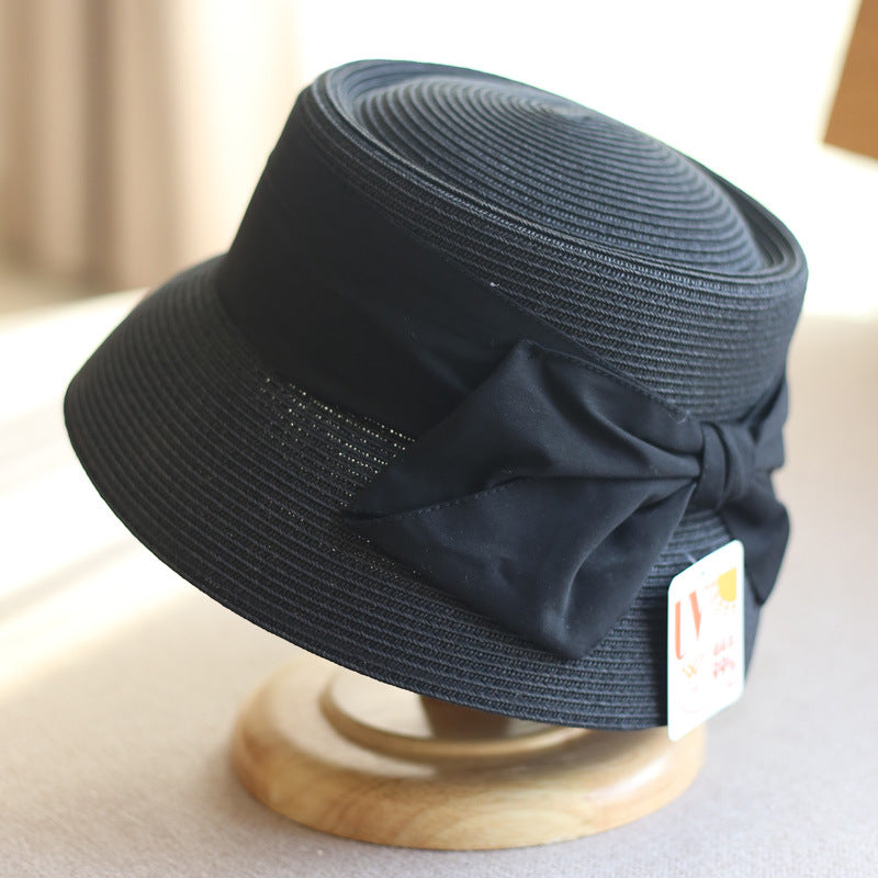 Concave Top Straw Woven Bucket Hat Cotton Bow
