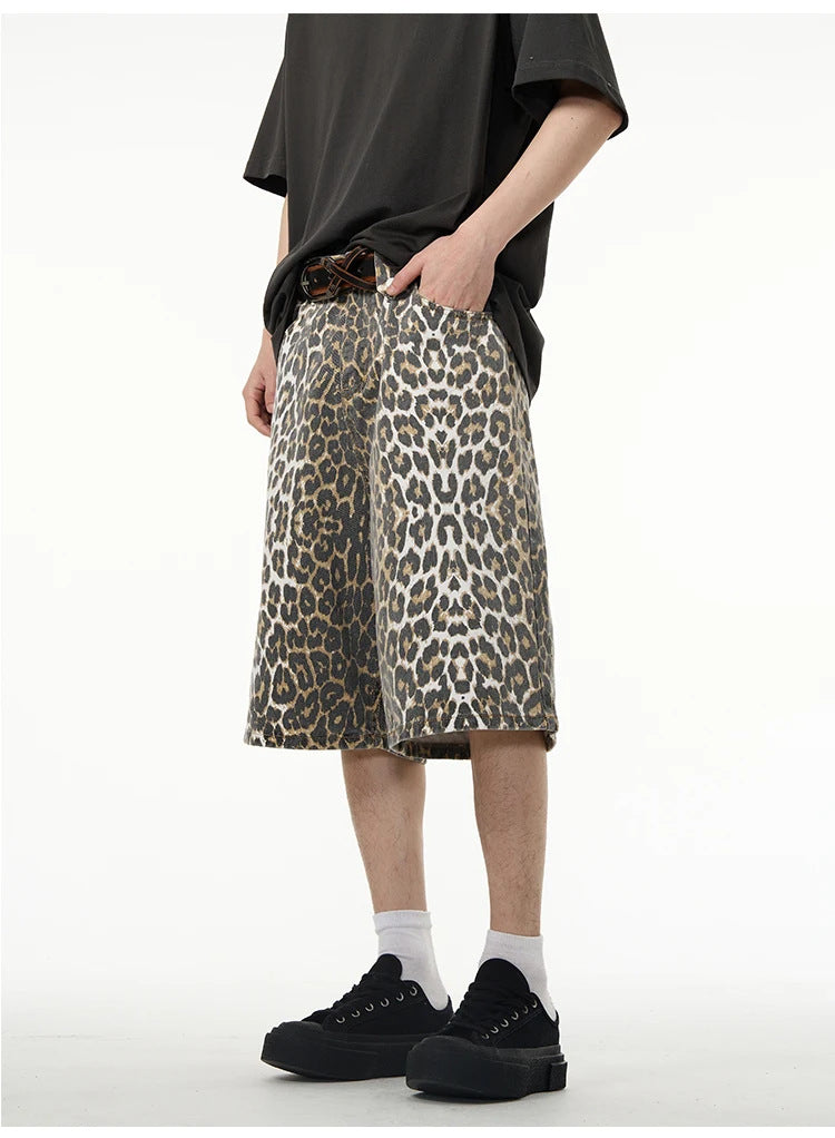 Retro High Street Leopard Print Denim Shorts