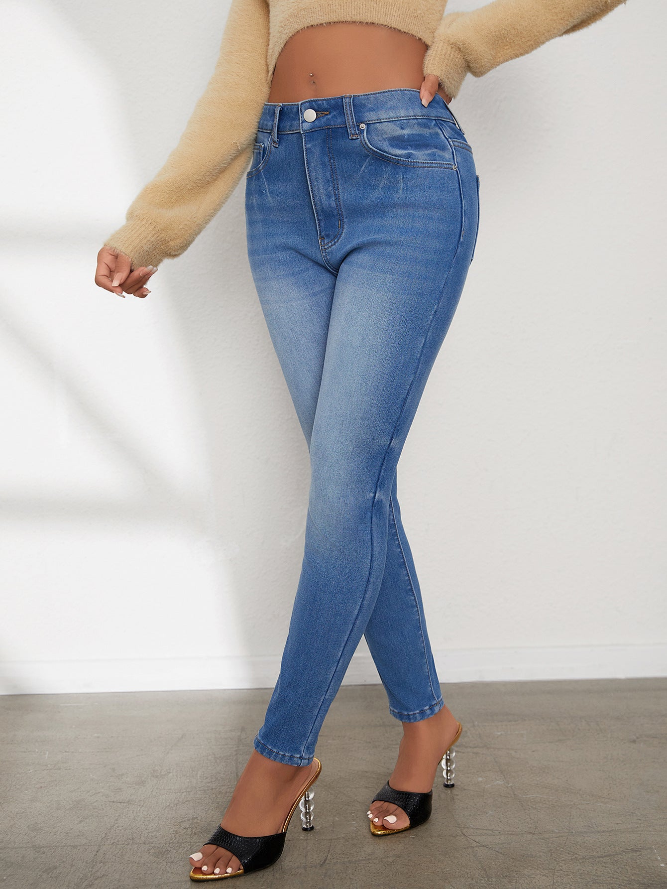 Dame Højtaljede Komfortable Små Fødder Med Plys Jeans