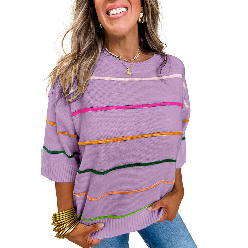 Color Contrast Patchwork Round Neck Sweater