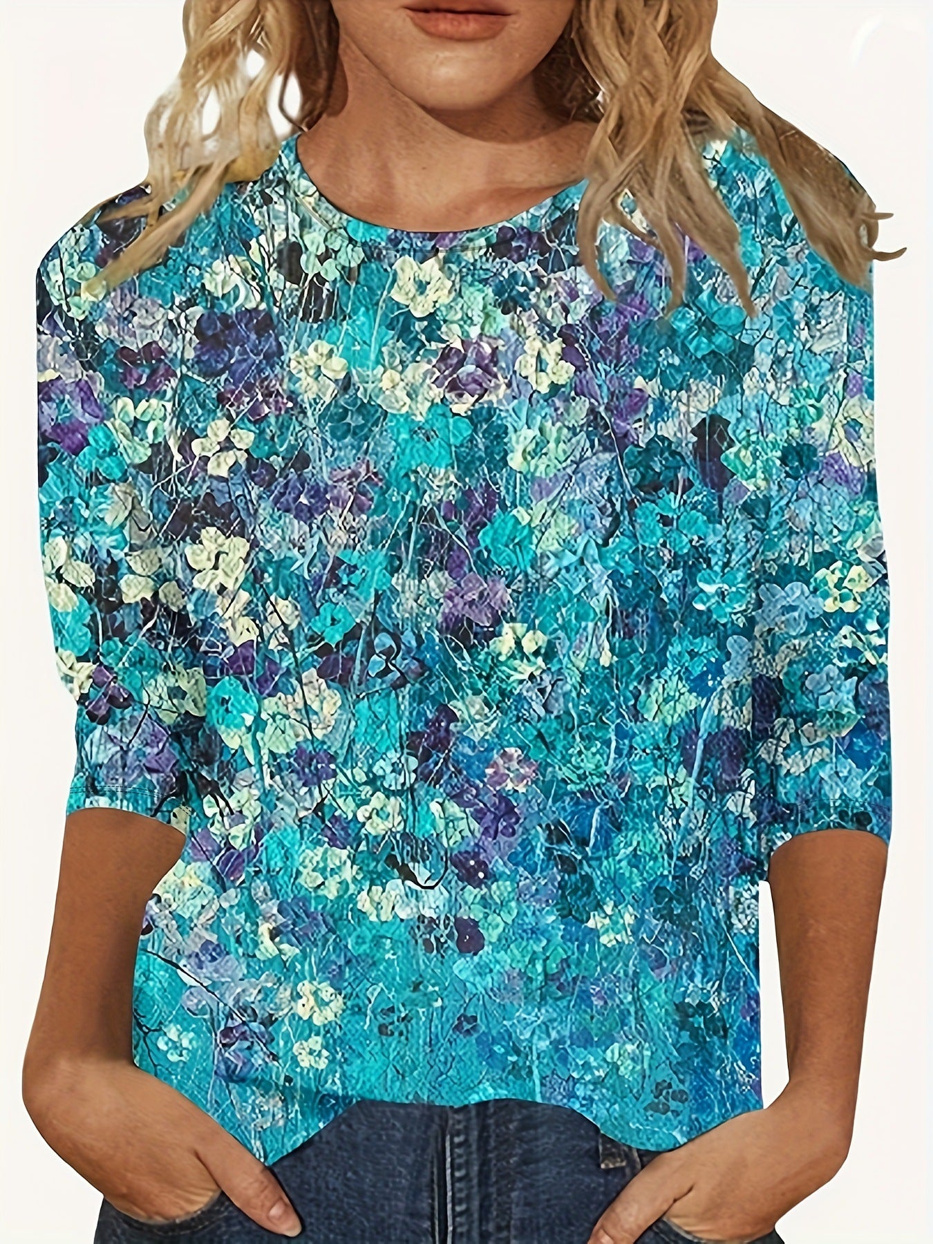 Europæisk og amerikansk blomsterprintet langærmet T-shirt med rund hals