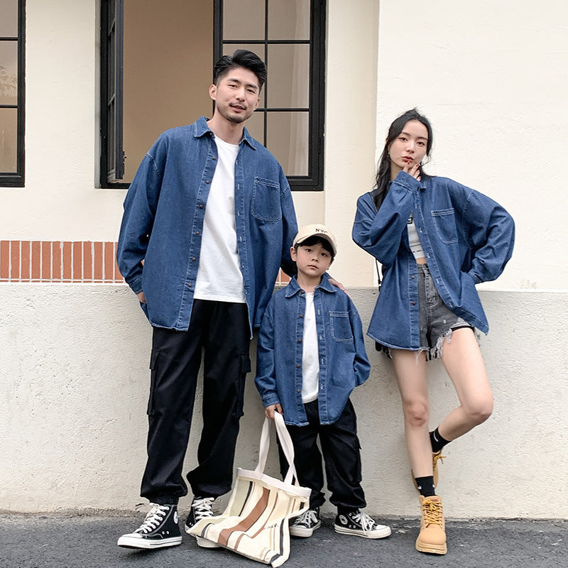 Denim Skjortesæt til Forældre og Børn i Koreansk Vintage-stil