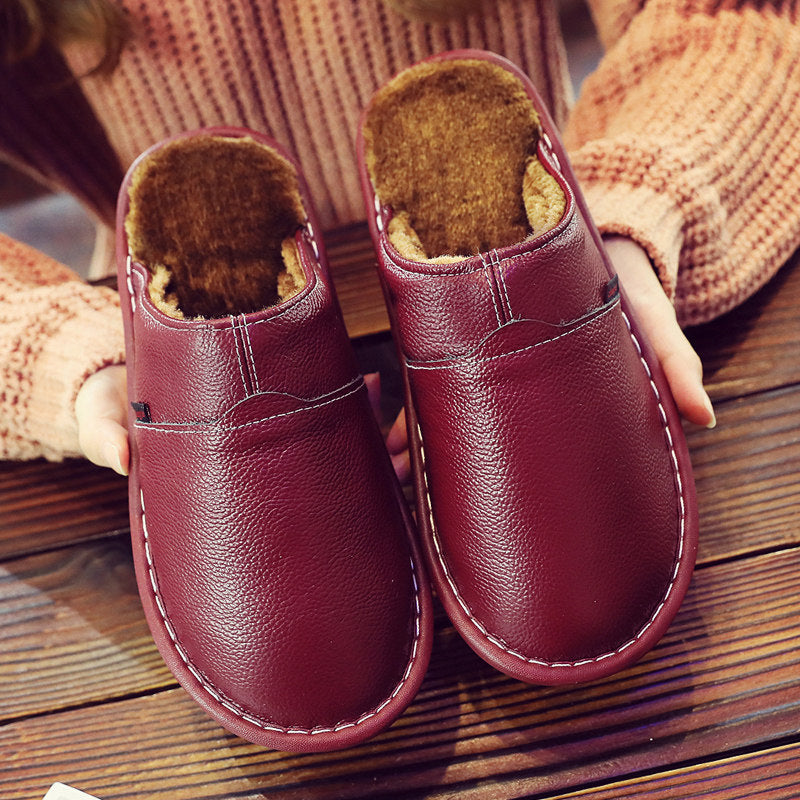 Pure Leather Thermal Cotton Slippers Couple Household Cowhide Waterproof