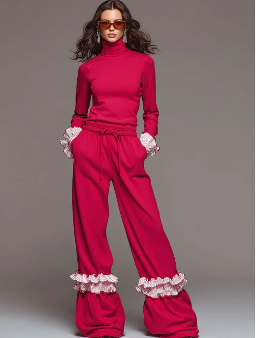 Fashionable Sporty Striped Ruffled Red Turtleneck Top And Wideleg Pants Set
