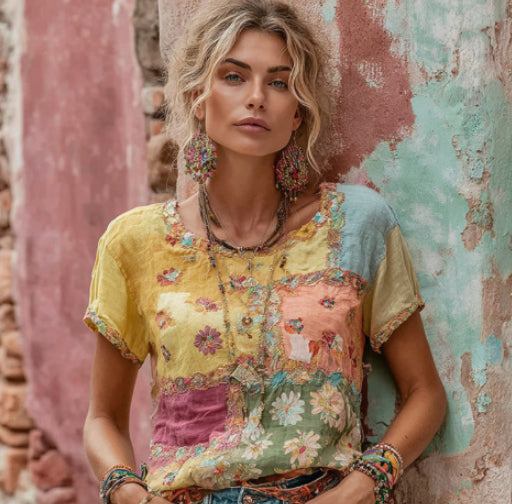 Womens Retro Printed Patchwork Crew-Neck Top