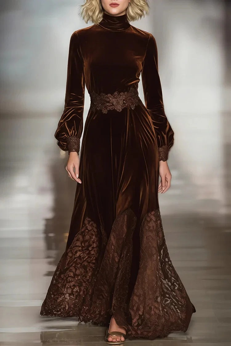 Brown Lace Long-Sleeve Slim-Fit Patchwork Maxi Dress