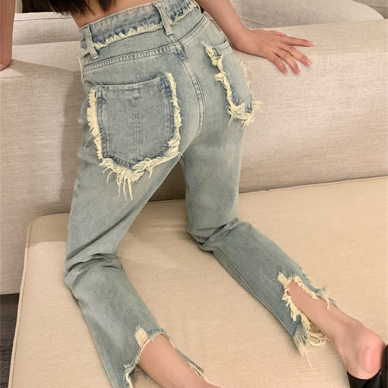 Women's Ripped Raw Fringed Straight Leg Jeans