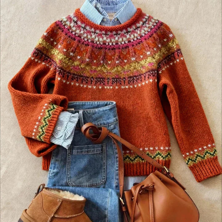 Retro Crew-Neck Knit Sweater From Europe And The US Casual Relaxed Fit Color-Block Long-Sleeve Pullover