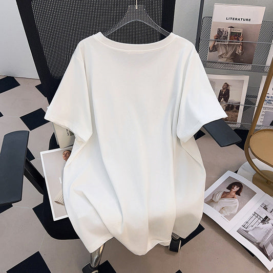 Round Neck New Plus-sized Plus Size Slimming Loose Mid-length Short Sleeve