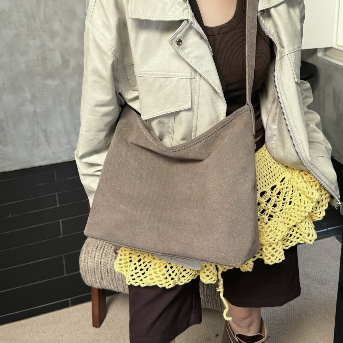 Matte Cowhide Commuter ShoulderCrossbody Tote Bag